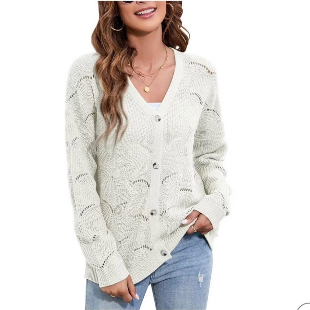 NWT Fashion Cream Lightweight Button- Up Crochet Long Sleeves Cardigan Sweater